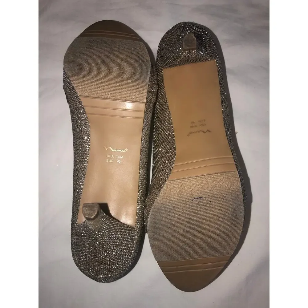 Nina Gold Heels Size 9.5 Crystal Royalcore Regal Wedding Event  Peep Toe Sparkle